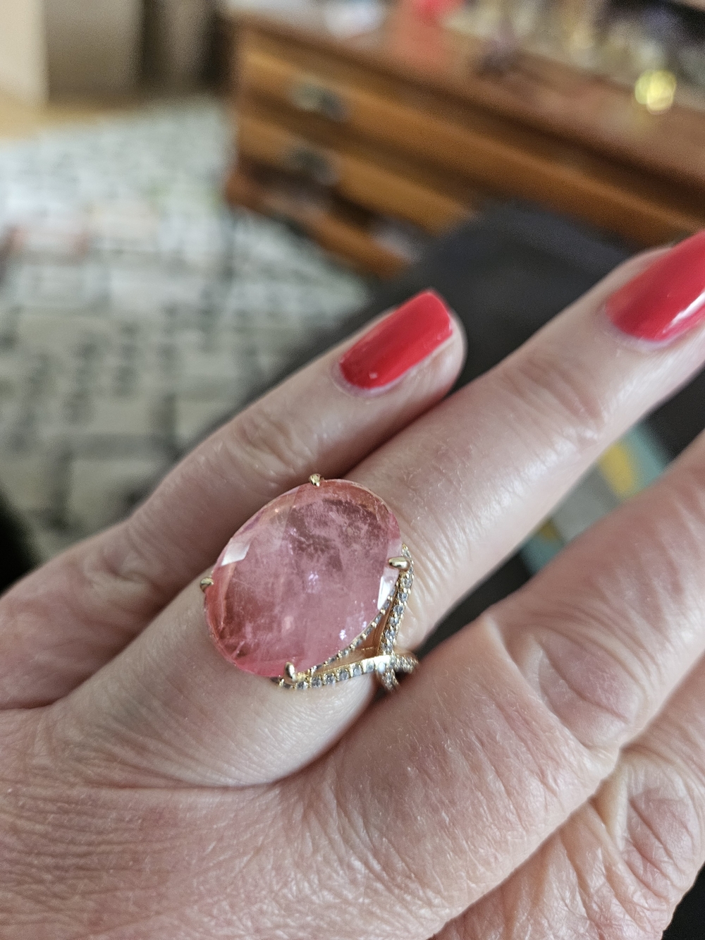 Bomb Party Pink Oval Gemstone Ring with Pavé Gold Band Sz 9